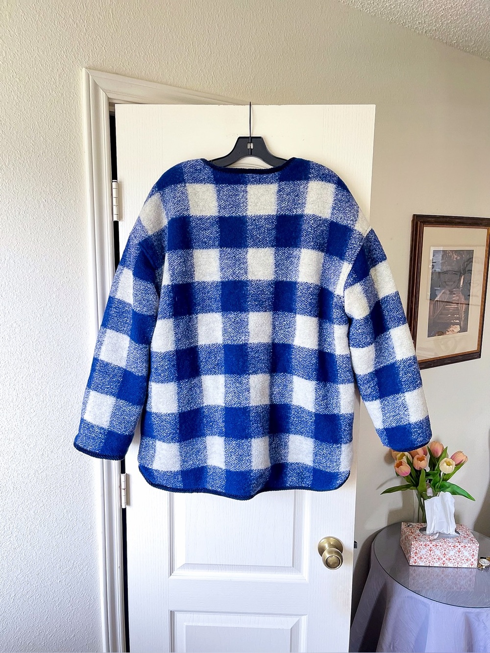 Sezane Farel Reversible Wool Jacket Blue Ecru Check US 12 NWT - Picture 8 of 11